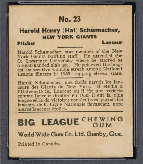 1936 V355 World Wide Gum #23 Hal Schumacher New York Giants - Back