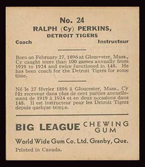 1936 V355 World Wide Gum #24 Cy Perkins Detroit Tigers - Back