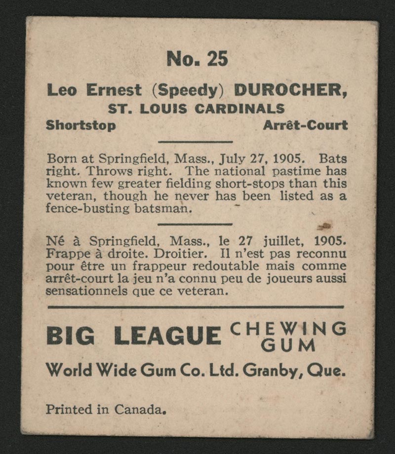 1936 V355 World Wide Gum #25 “Speedy” Durocher St. Louis Cardinals - Back