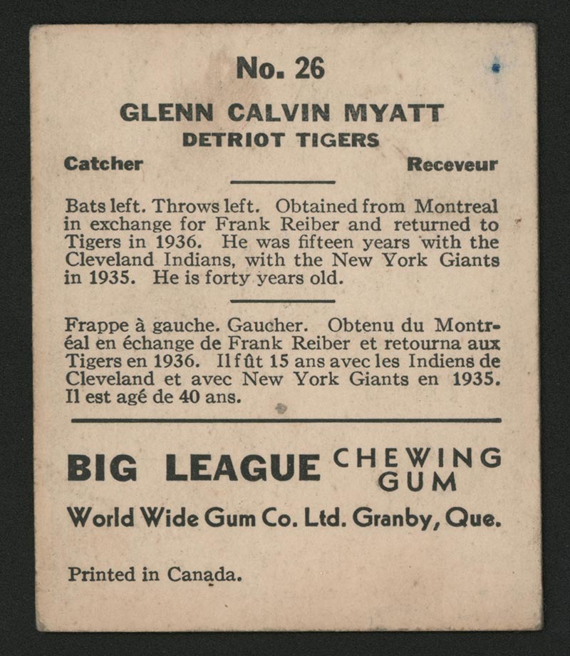 1936 V355 World Wide Gum #26 Glenn Myatt Detroit Tigers - Back