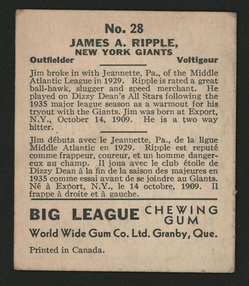 1936 V355 World Wide Gum #28 Jimmy Ripple New York Giants - Back