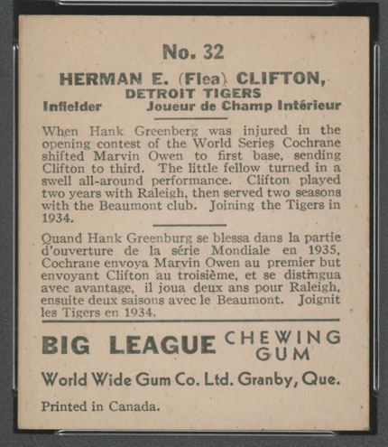 1936 V355 World Wide Gum #32 “Flea” Clifton Detroit Tigers - Back