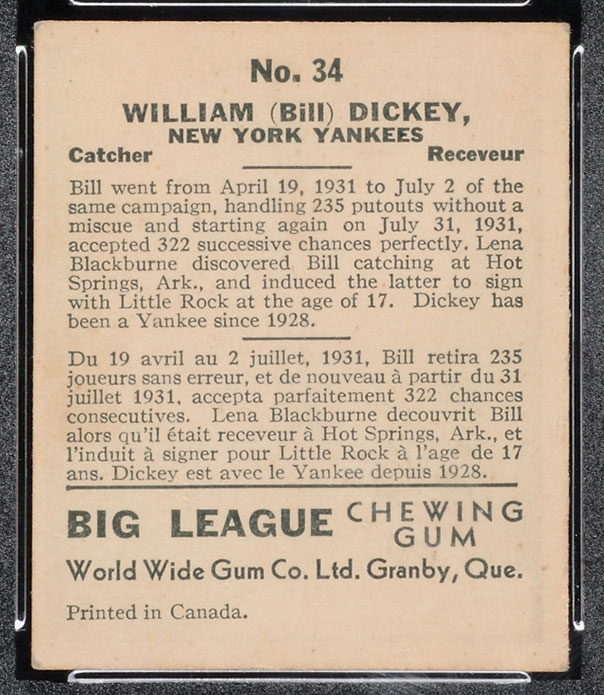 1936 V355 World Wide Gum #34 Bill Dickey New York Yankees - Back