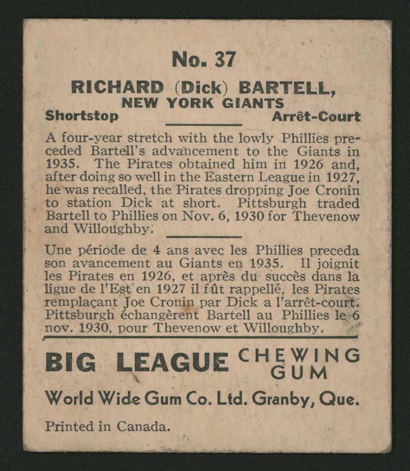 1936 V355 World Wide Gum #37 Dick Bartell New York Giants - Back