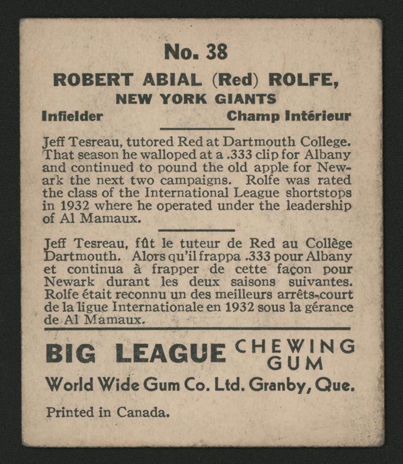 1936 V355 World Wide Gum #38 “Red” Rolfe New York Giants - Back