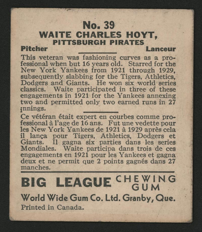 1936 V355 World Wide Gum #39 Waite Hoyt Pittsburgh Pirates - Back