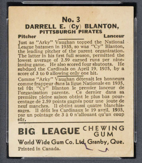 1936 V355 World Wide Gum #3 Cy Blanton Pittsburgh Pirates - Back