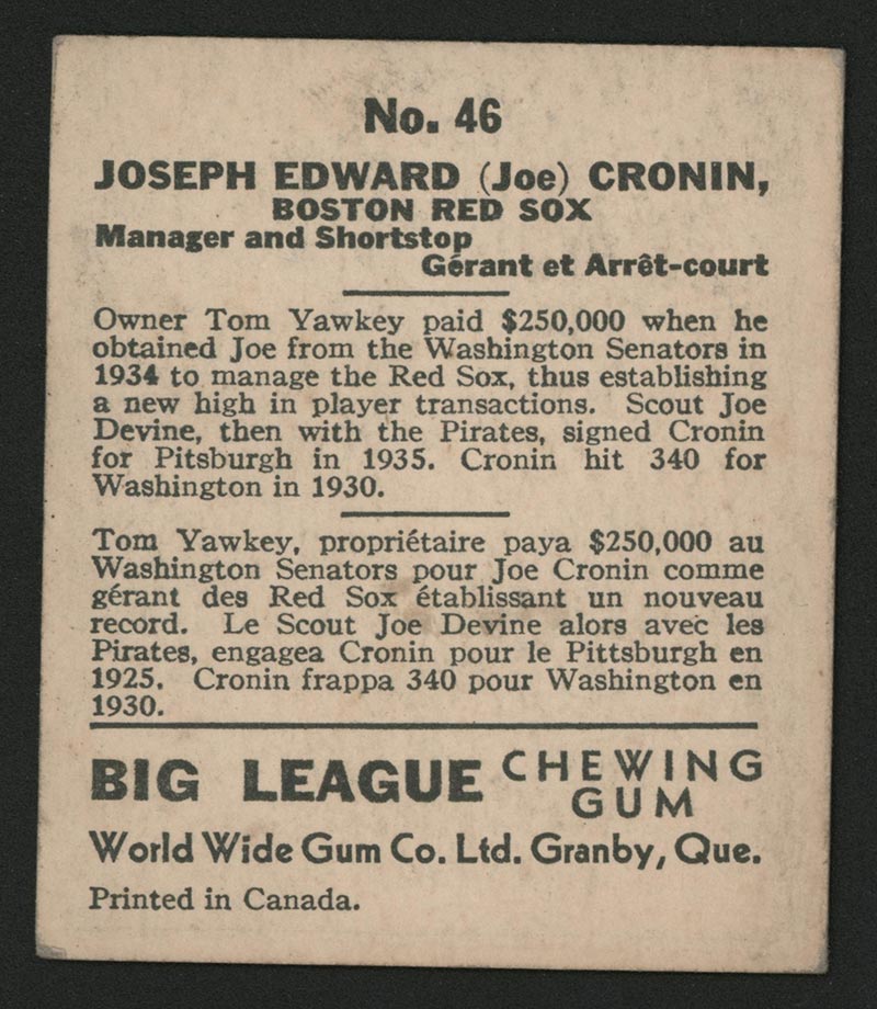 1936 V355 World Wide Gum #46 Joe Cronin Boston Red Sox - Back