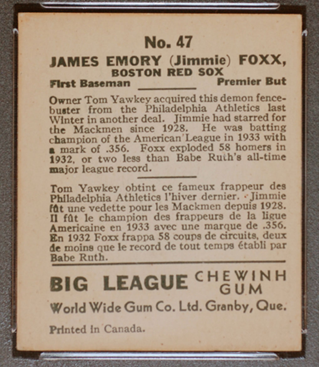 1936 V355 World Wide Gum #47 Jimmy (Jimmie) Foxx Boston Red Sox - Back