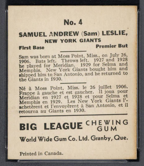 1936 V355 World Wide Gum #4 Sam Leslie New York Giants - Back