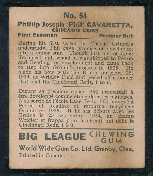 1936 V355 World Wide Gum #54 Phil Cavaretta Chicago Cubs - Back