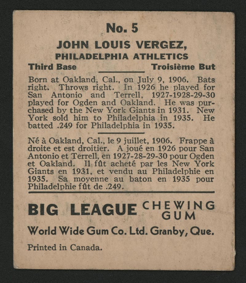1936 V355 World Wide Gum #5 Johnny Louis Vergez Philadelphia Athletics - Back