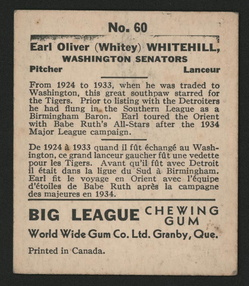 1936 V355 World Wide Gum #60 “Whitey” Whitehill Washington Senators - Back