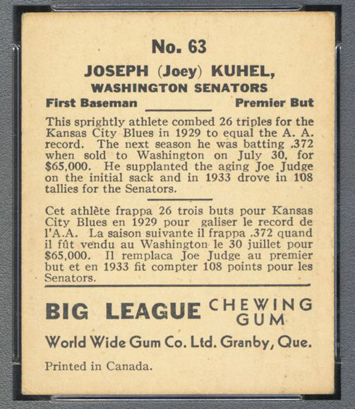 1936 V355 World Wide Gum #63 Joey Kuhel Washington Senators - Back