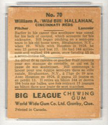 1936 V355 World Wide Gum #70 “Wild Bill” Hallahan Cincinnati Reds - Back