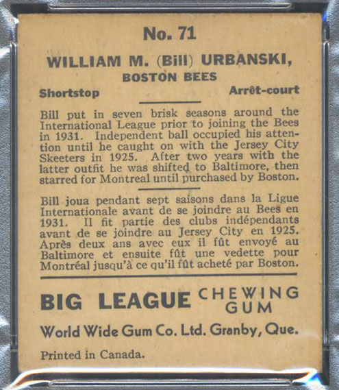 1936 V355 World Wide Gum #71 Bill Urbanski Boston Bees - Back