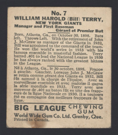1936 V355 World Wide Gum #7 Bill Terry New York Giants - Back