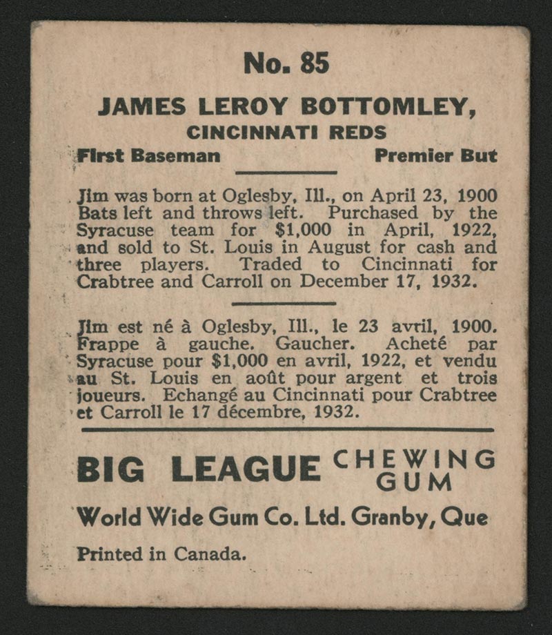 1936 V355 World Wide Gum #85 Jim Bottomley Cincinnati Reds - Back