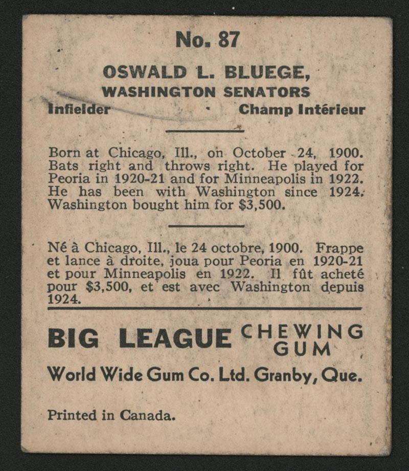 1936 V355 World Wide Gum #87 Ossie Bluege Washington Senators - Back