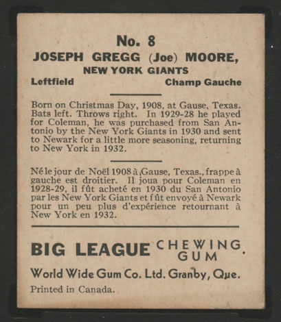 1936 V355 World Wide Gum #8 Joe Moore New York Giants - Back