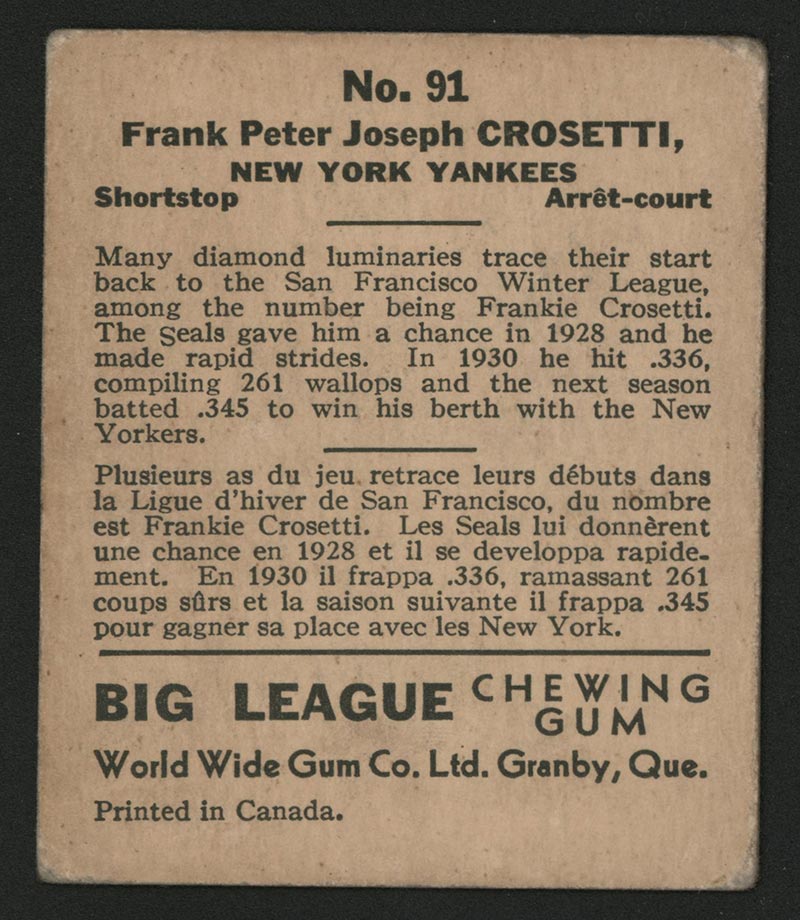 1936 V355 World Wide Gum #91 Frank Crosetti New York Yankees - Back