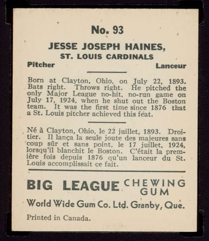 1936 V355 World Wide Gum #93 Jesse Haines St. Louis Cardinals - Back