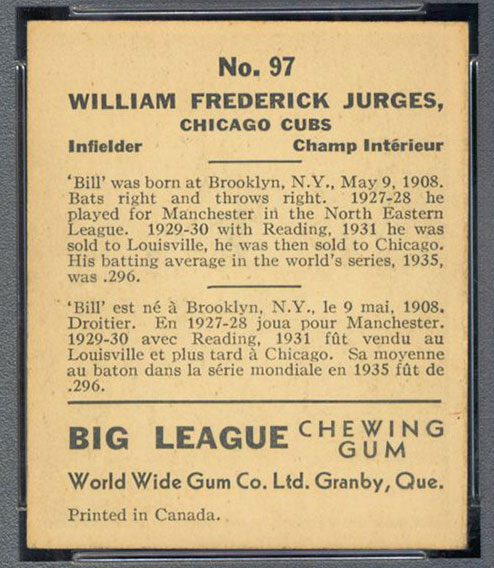 1936 V355 World Wide Gum #97 Bill Jurges Chicago Cubs - Back