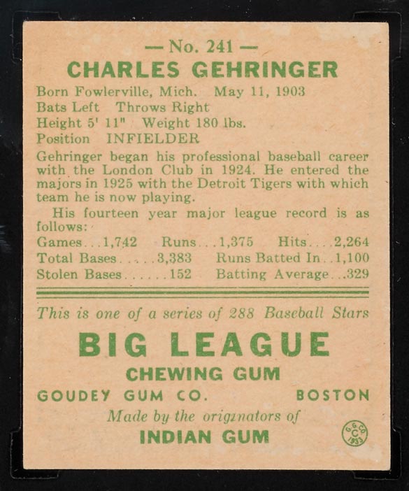 1938 Goudey #241 Charlie Gehringer Detroit Tigers - Back