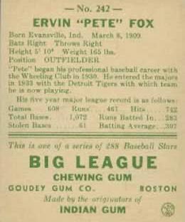 1938 Goudey #242 Ervin Fox Detroit Tigers - Back