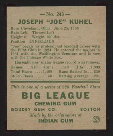 1938 Goudey #243 Joe Kuhel Chicago White Sox - Back