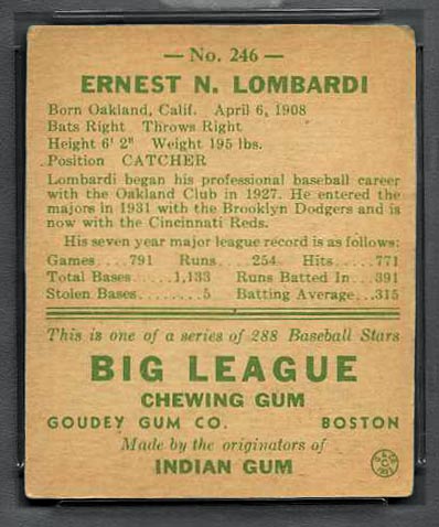 1938 Goudey #246 Ernie Lombardi Cincinnati Reds - Back