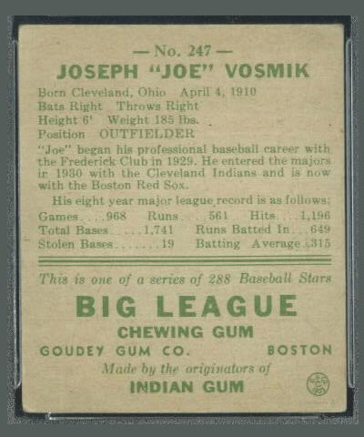 1938 Goudey #247 Joe Vosmik Boston Red Sox - Back