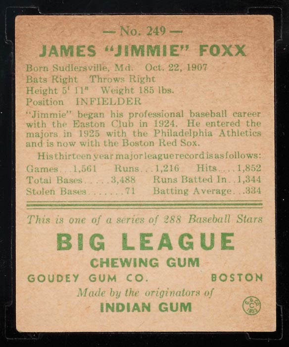 1938 Goudey #249 Jimmy Foxx Boston Red Sox - Back