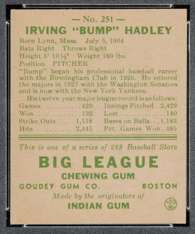 1938 Goudey #251 “Bump” Hadley New York Yankees - Back