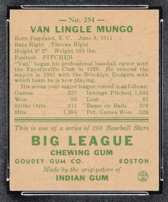 1938 Goudey #254 Van Lingle Mungo Brooklyn Dodgers - Back