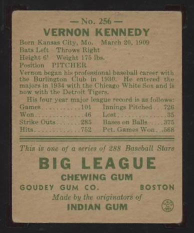 1938 Goudey #256 Vernon Kennedy Detroit Tigers - Back