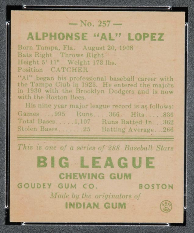 1938 Goudey #257 Al Lopez Boston Bees - Back
