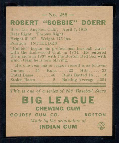 1938 Goudey #258 Bobby Doerr Boston Red Sox - Back