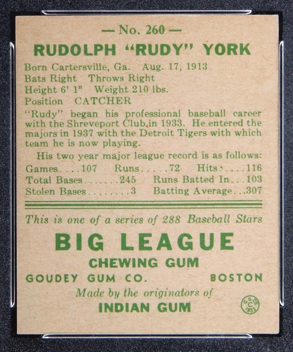 1938 Goudey #260 Rudy York Detroit Tigers - Back