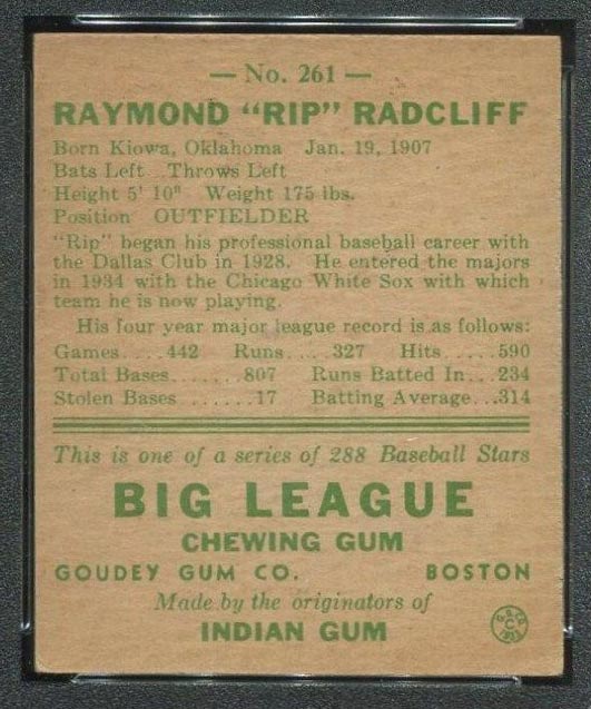 1938 Goudey #261 “Rip” Radcliff Chicago White Sox - Back