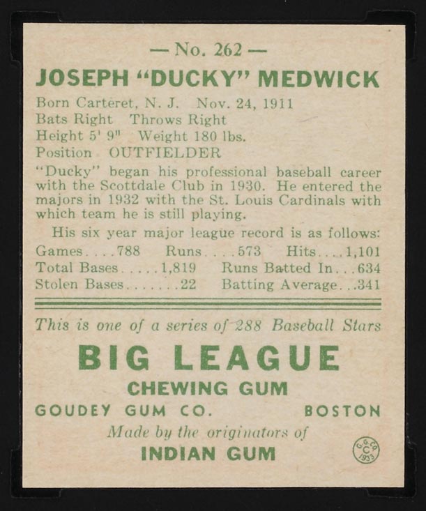 1938 Goudey #262 Joe “Ducky” Medwick St. Louis Cardinals - Back