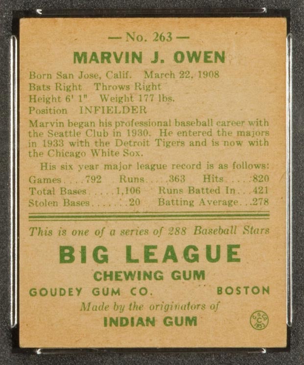 1938 Goudey #263 Marvin Owen Chicago White Sox - Back