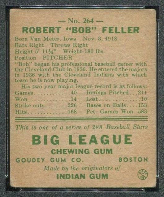 1938 Goudey #264 Bob Feller Cleveland Indians - Back