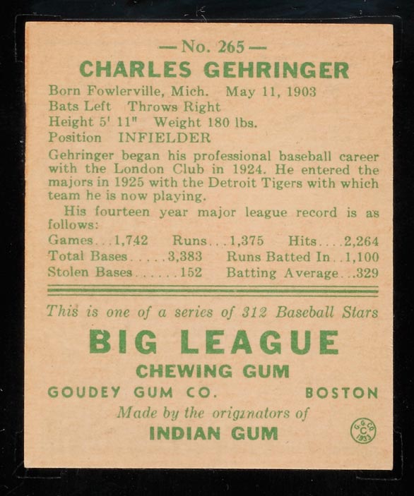 1938 Goudey #265 Charlie Gehringer Detroit Tigers - Back