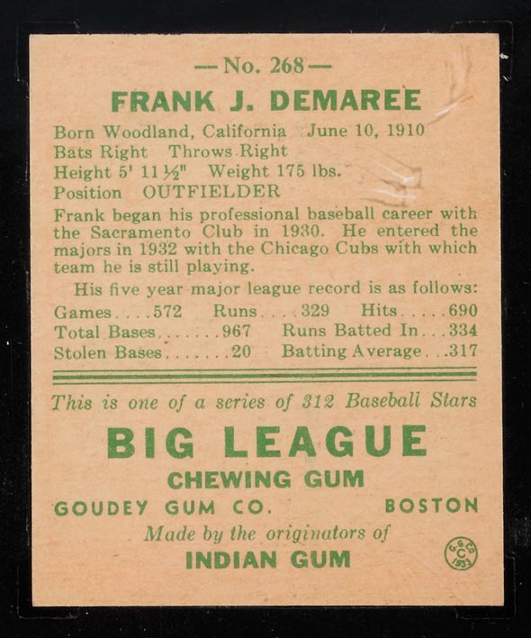 1938 Goudey #268 Frank Demaree Chicago Cubs - Back