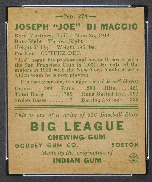 1938 Goudey #274 Joe DiMaggio New York Yankees - Back