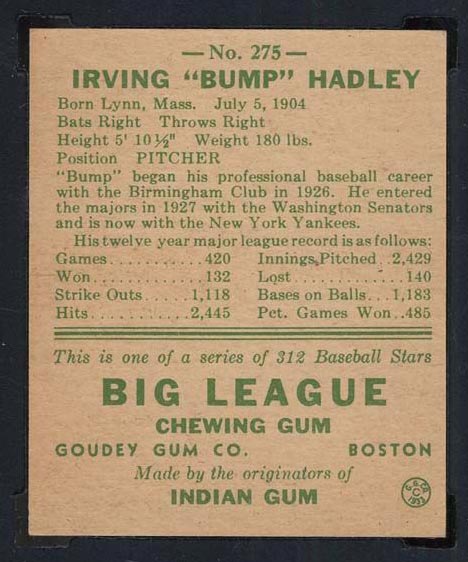 1938 Goudey #275 “Bump” Hadley New York Yankees - Back