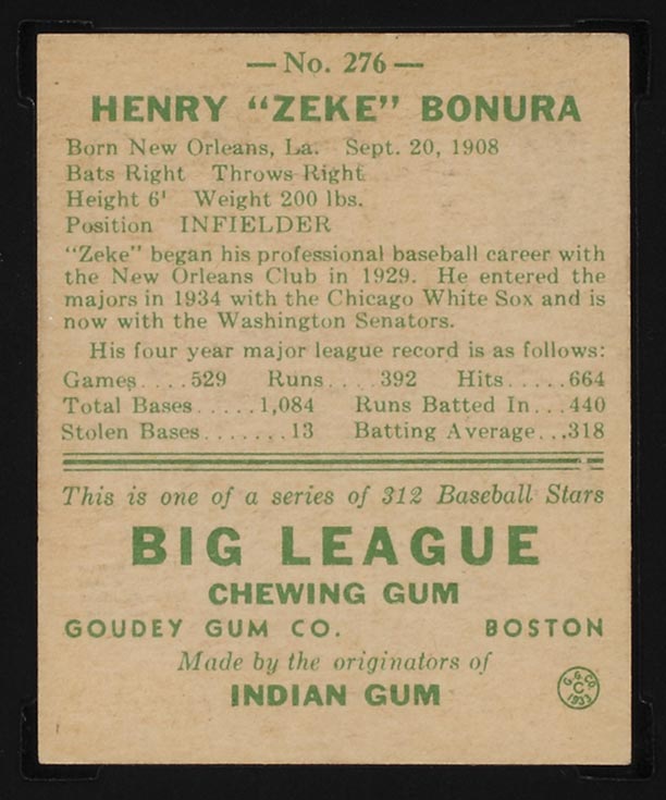 1938 Goudey #276 Zeke Bonura Washington Senators - Back