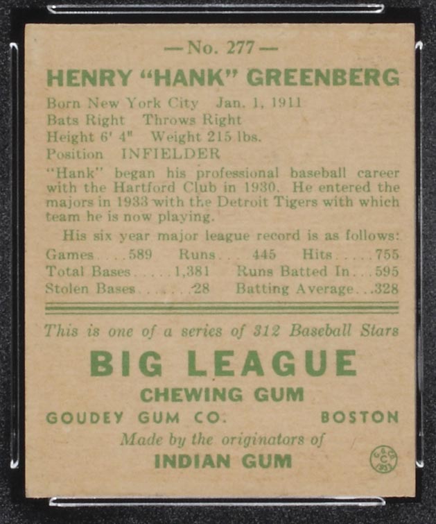 1938 Goudey #277 Hank Greenberg Detroit Tigers - Back