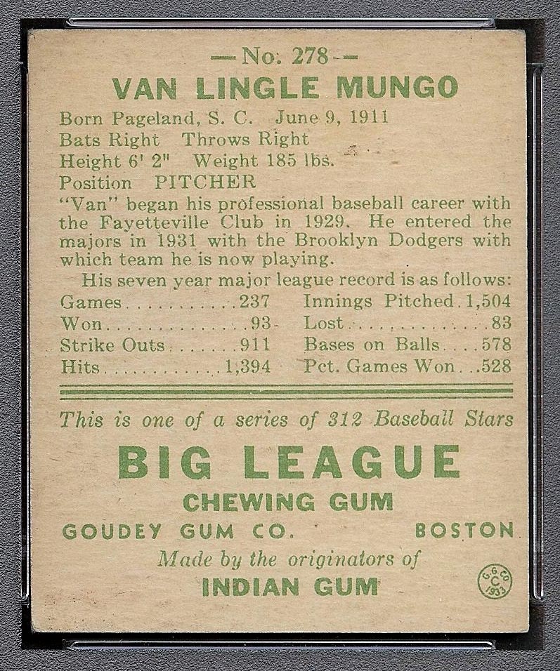 1938 Goudey #278 Van Lingle Mungo Brooklyn Dodgers - Back